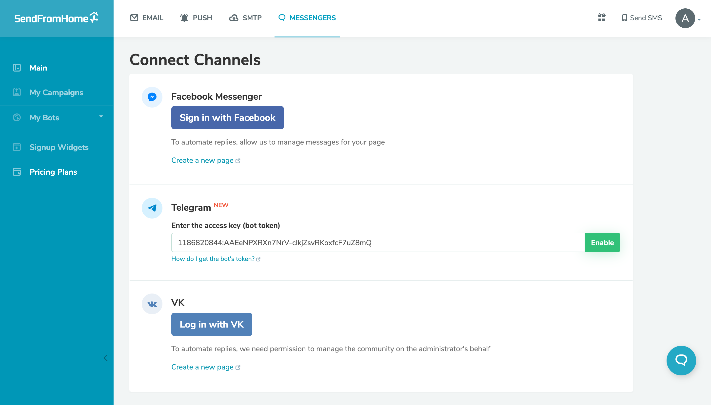 Paste the token to your SendPulse account