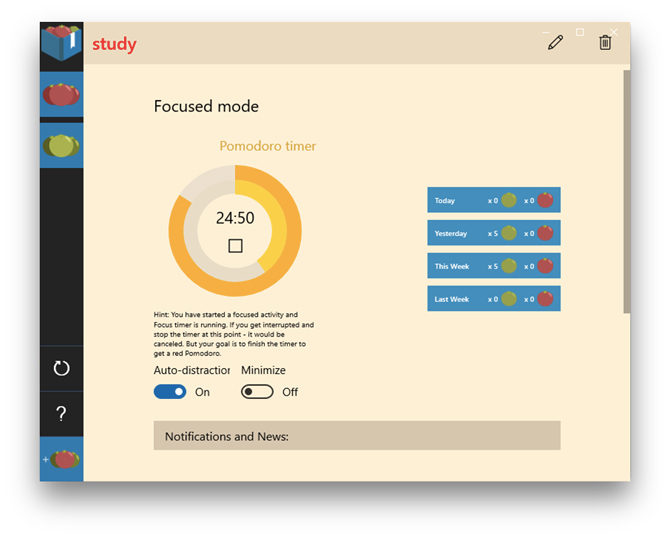 Focus Journal app showing the Focus mode,.