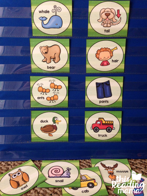 animal rhyming cards in the pocket chart